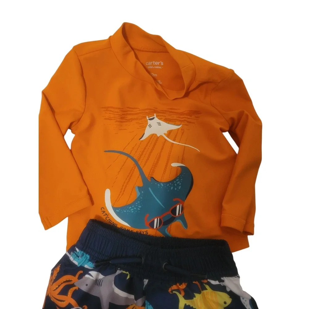 Carters Child of Mine Baby Boys‎ 12M Rash Guard Swim Trunks Set Orange Navy Blue